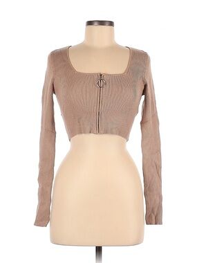 Square-Neck Ribbed Zip-Front Crop Top - Taupe